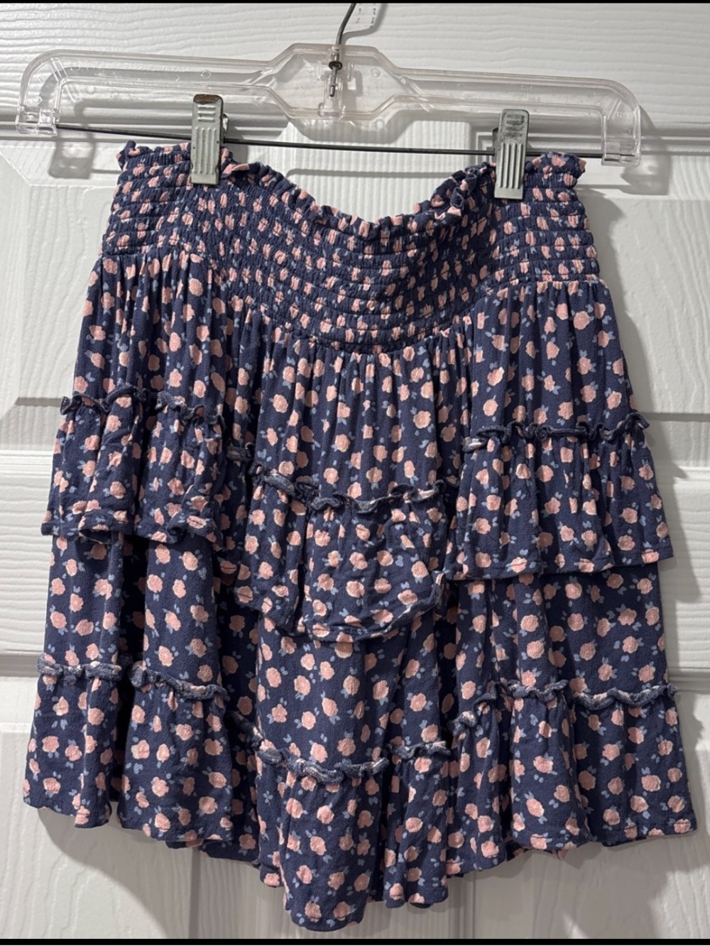 Navy Floral Tiered Mini Skirt with Pink Print